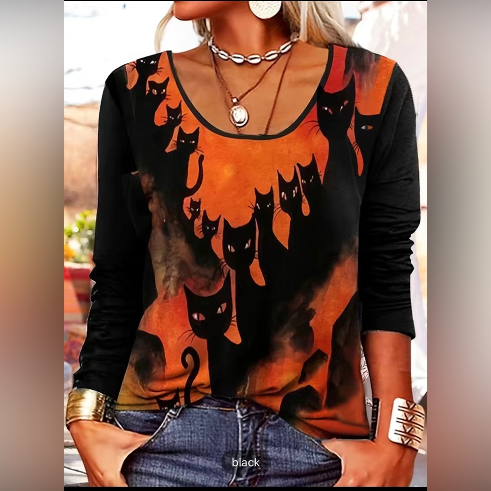 NEW Halloween 🎃 Cats Shirt w Earrings Bundle Long Sleeves Black Orange Size 2X